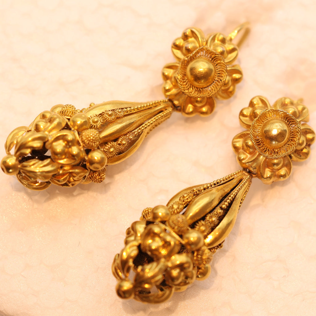 Antique Georgian earrings 18k gold cannetille day night dangle drops French(7491)