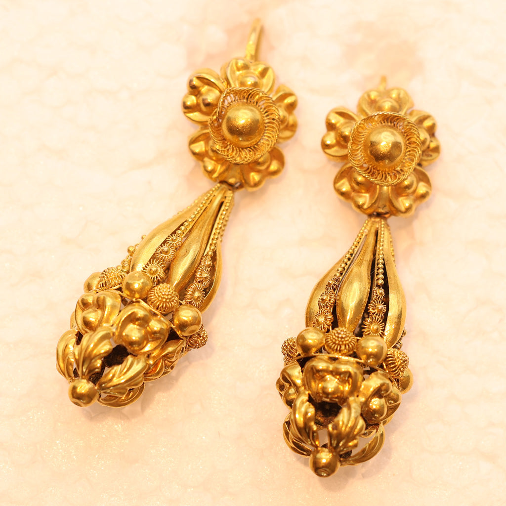 Antique Georgian earrings 18k gold cannetille day night dangle drops French(7491)