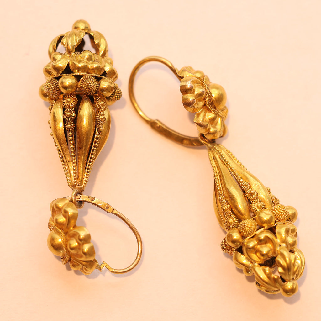 Antique Georgian earrings 18k gold cannetille day night dangle drops French(7491)