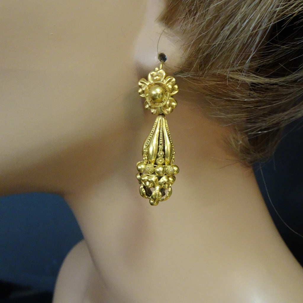 Antique Georgian earrings 18k gold cannetille day night dangle drops French(7491)