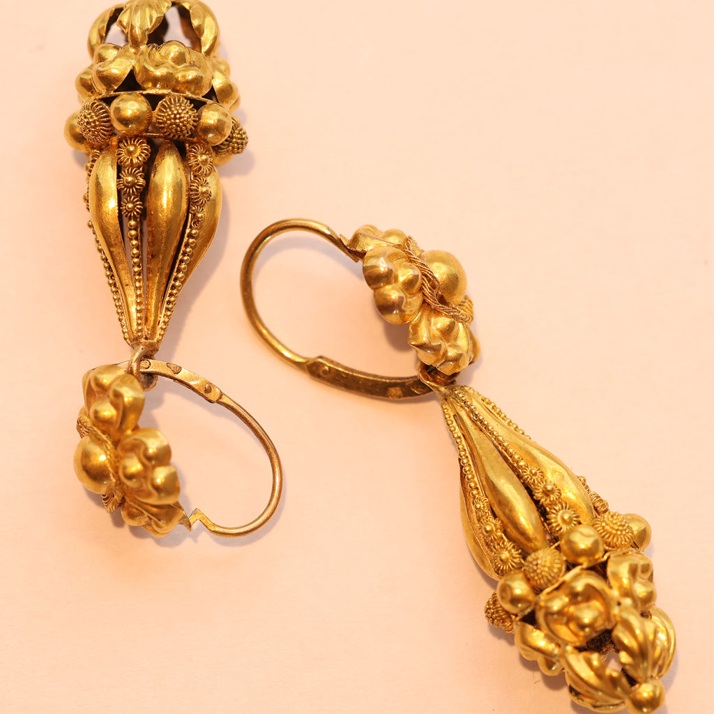 Antique Georgian earrings 18k gold cannetille day night dangle drops French(7491)