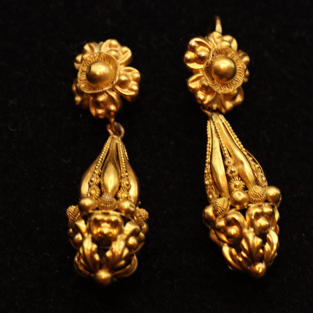 Antique Georgian earrings 18k gold cannetille day night dangle drops French(7491)