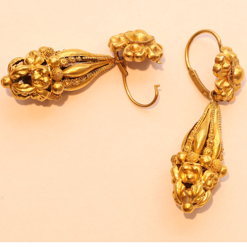 Antique Georgian earrings 18k gold cannetille day night dangle drops French(7491)