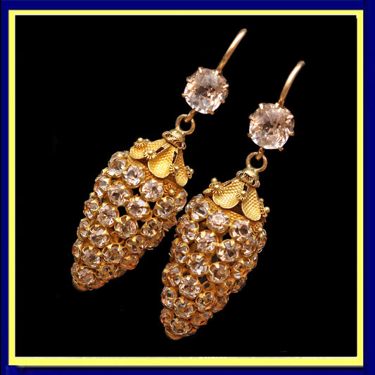 Antique Georgian earrings gold cannetille crystal paste drop dangle holiday