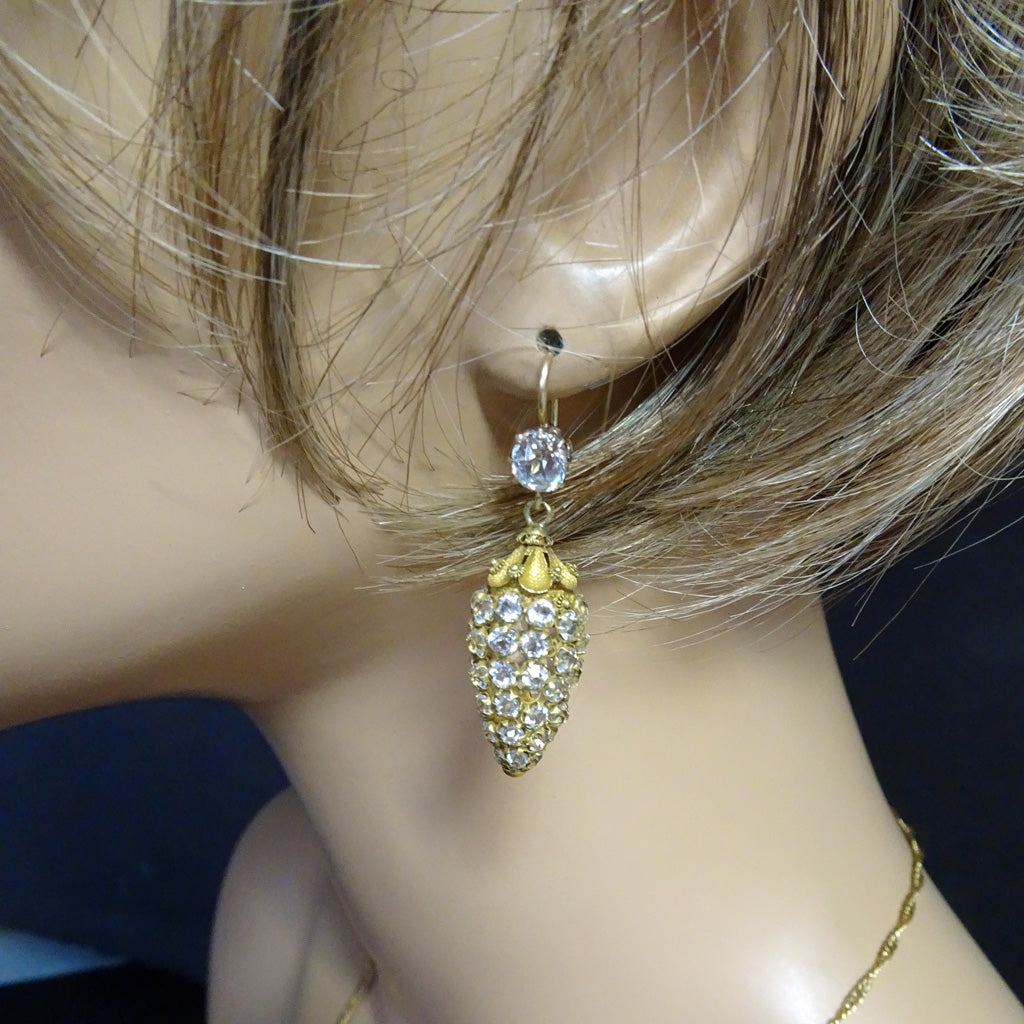 Antique Georgian earrings gold cannetille crystal paste drop dangle holiday(7495)