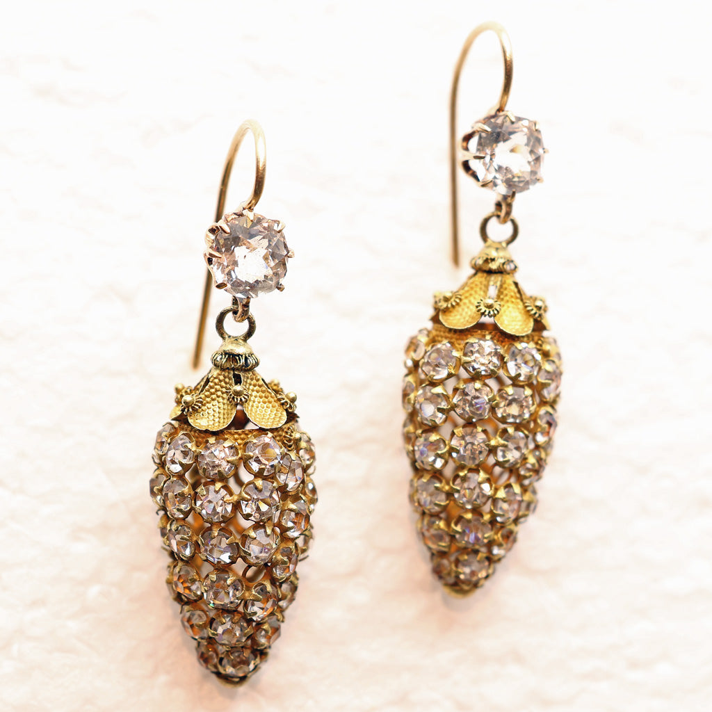 Antique Georgian earrings gold cannetille crystal paste drop dangle holiday white background