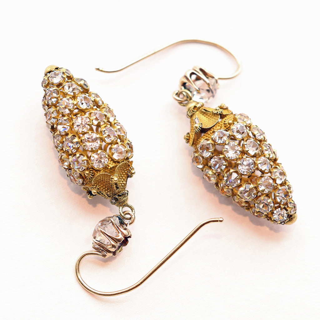 Antique Georgian earrings gold cannetille crystal paste drop dangle holiday(7495)