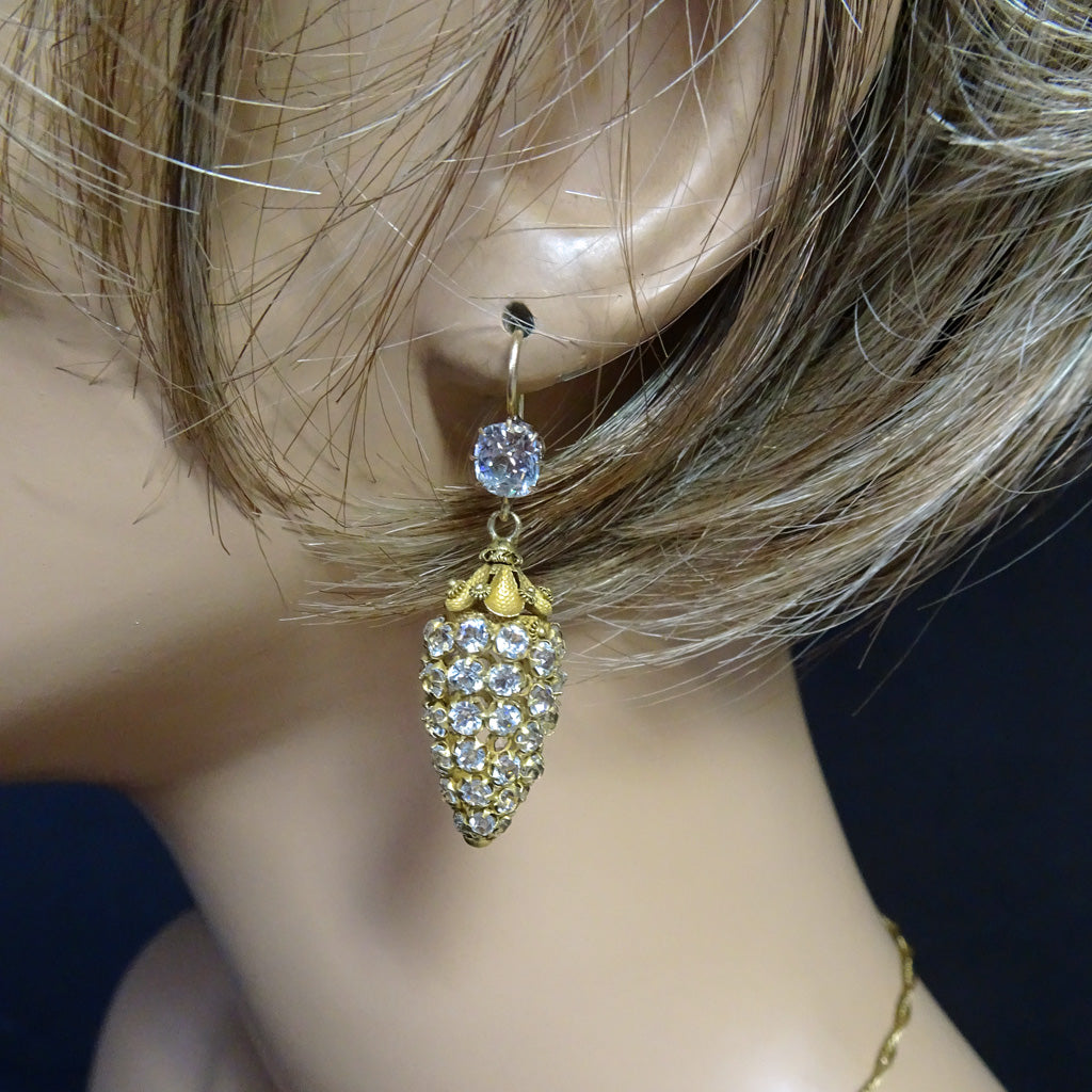 Antique Georgian earrings gold cannetille crystal paste drop dangle holiday on model