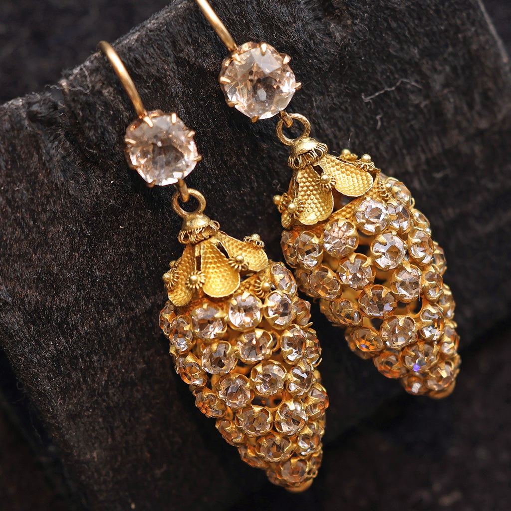 Antique Georgian earrings gold cannetille crystal paste drop dangle holiday(7495)