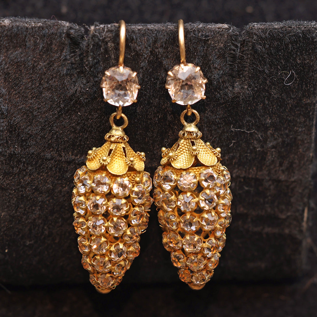 Antique Georgian earrings gold cannetille crystal paste drop dangle holiday(7495)