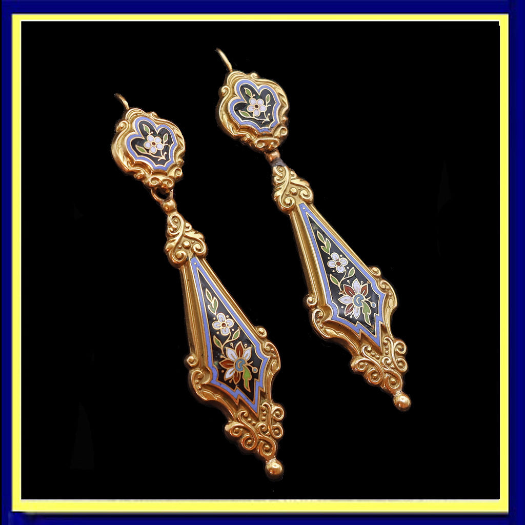 Antique Georgian Earrings Ear Pendants 18k gold Enamel Day Night French