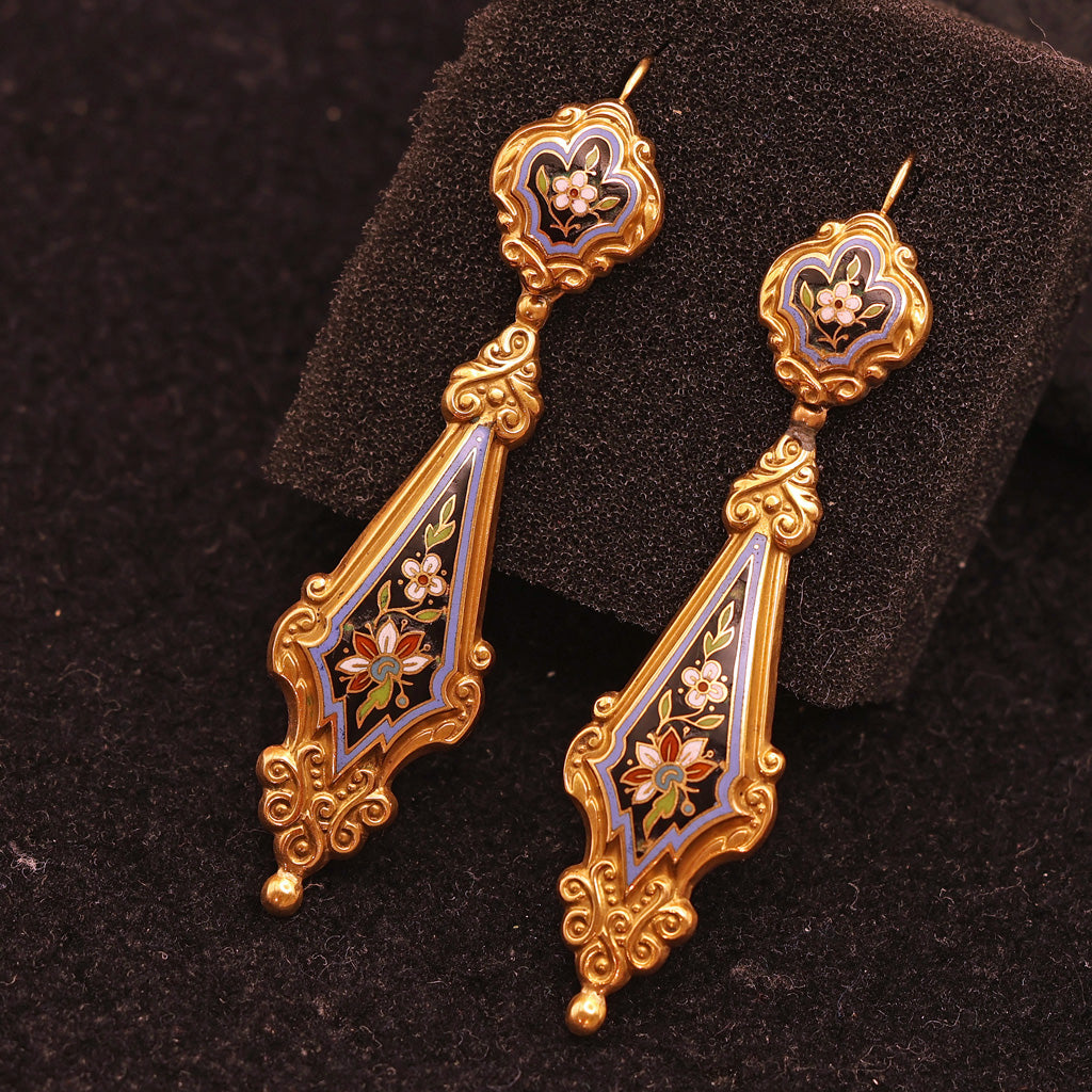 Antique Georgian Earrings Ear Pendants 18k gold Enamel Day Night French (7493)