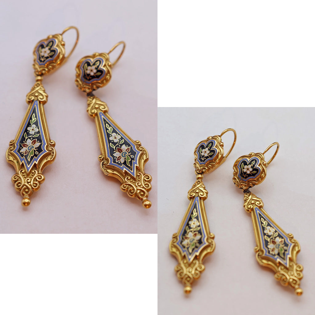 Antique Georgian Earrings Ear Pendants 18k gold Enamel Day Night French (7493)