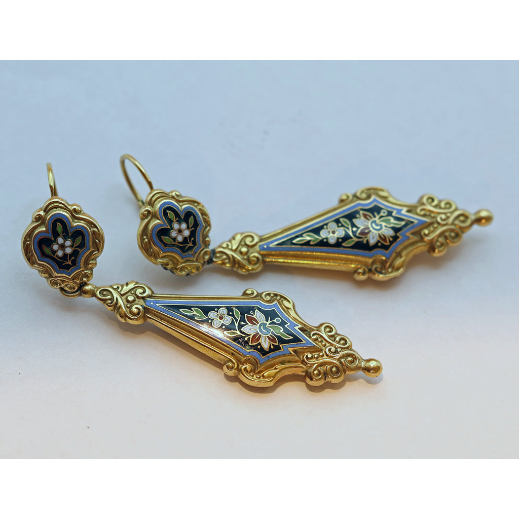 Antique Georgian Earrings Ear Pendants 18k gold Enamel Day Night French (7493)