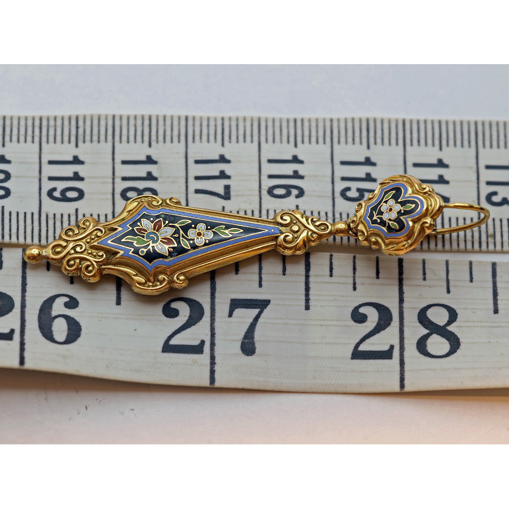 Antique Georgian Earrings Ear Pendants 18k gold Enamel Day Night French on ruler