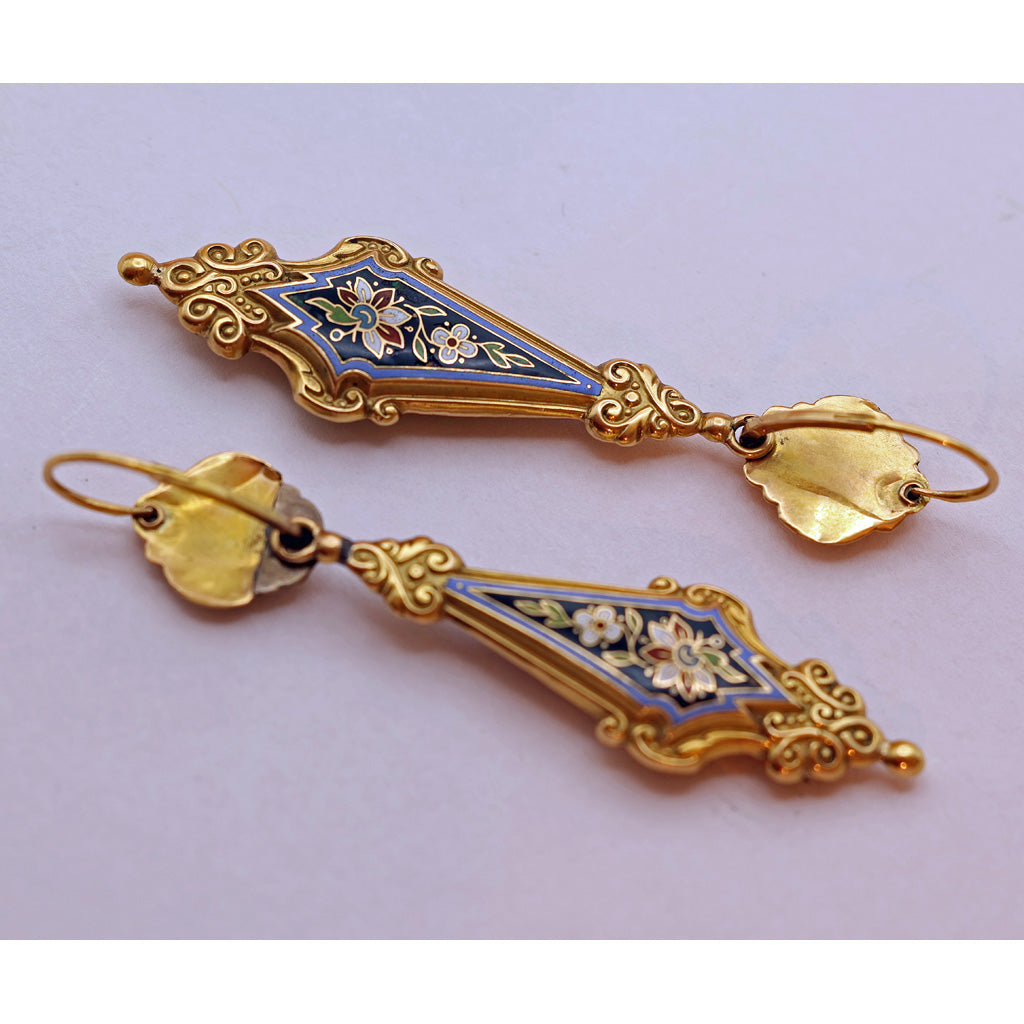 Antique Georgian Earrings Ear Pendants 18k gold Enamel Day Night French on white background