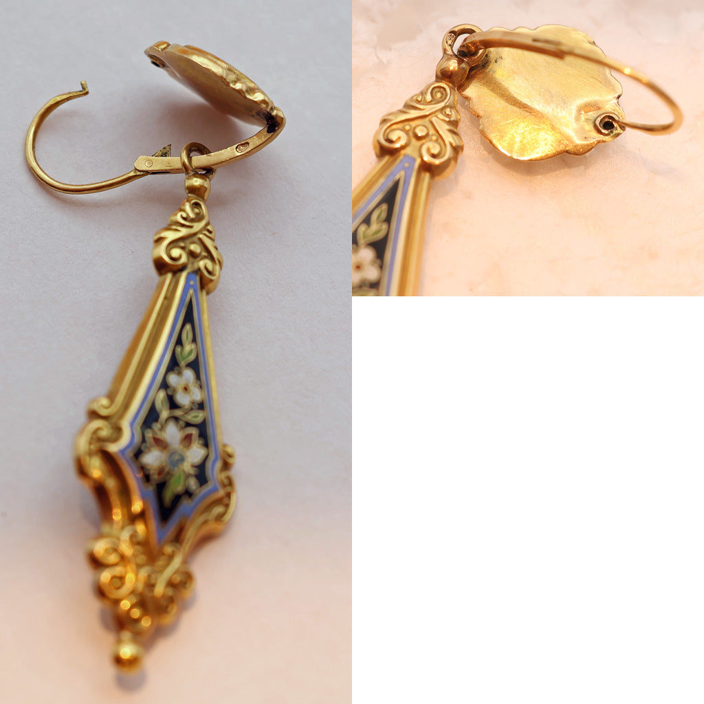 Antique Georgian Earrings Ear Pendants 18k gold Enamel Day Night French (7493)