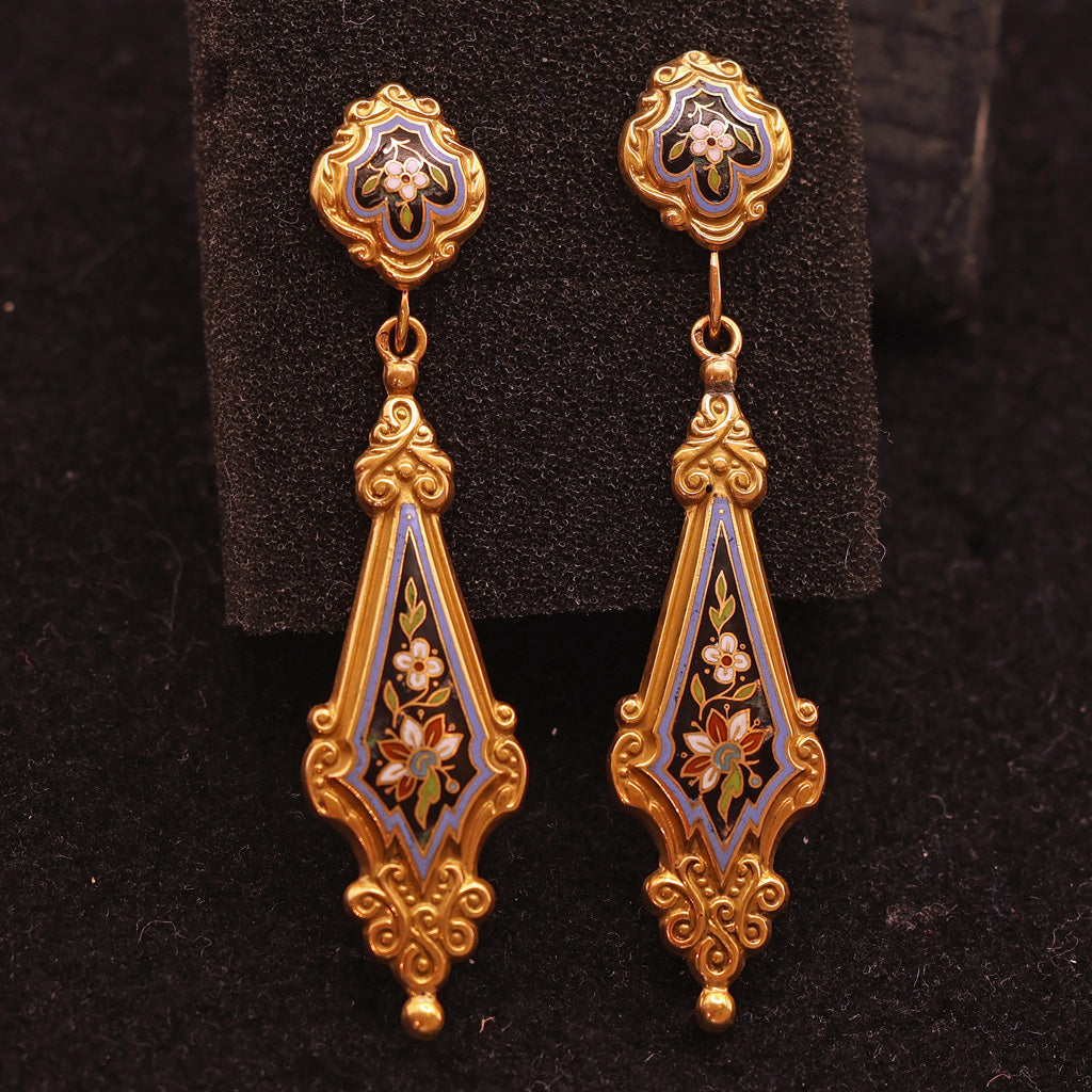 Antique Georgian Earrings Ear Pendants 18k gold Enamel Day Night French (7493)