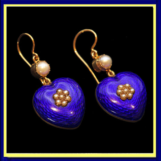 Antique Victorian earrings gold blue enamel pearls hearts English love