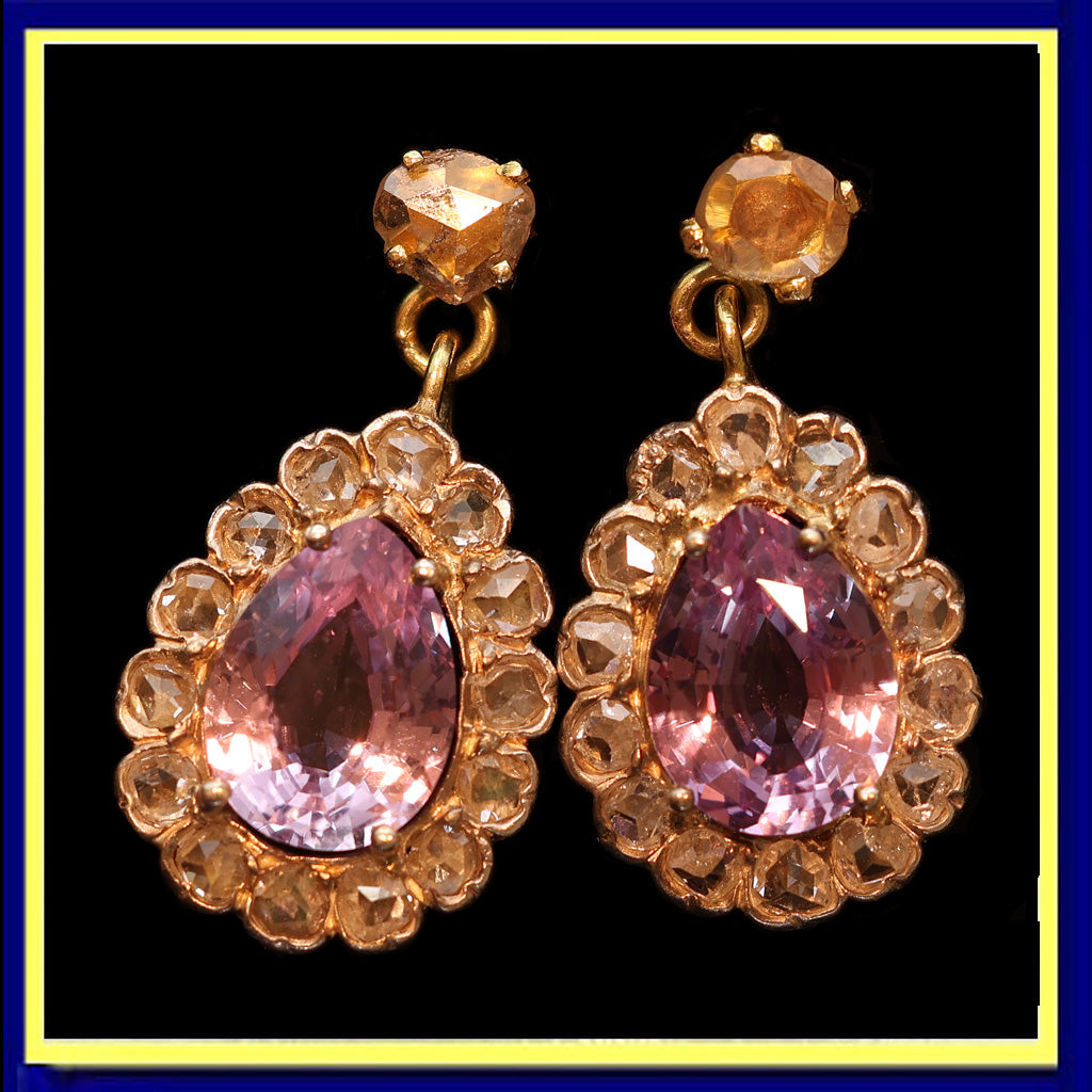 Antique Earrings ear pendants gold pink sapphires diamonds French dangles(7526)