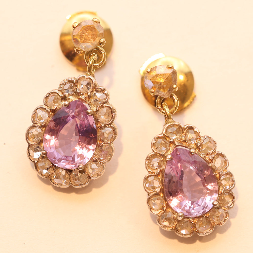 Antique Earrings ear pendants gold pink sapphires diamonds French dangles(7526)