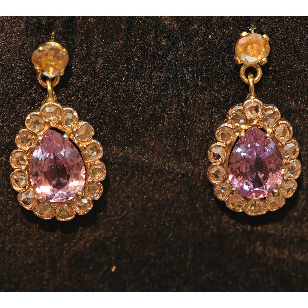 Antique Earrings ear pendants gold pink sapphires diamonds French dangles(7526)