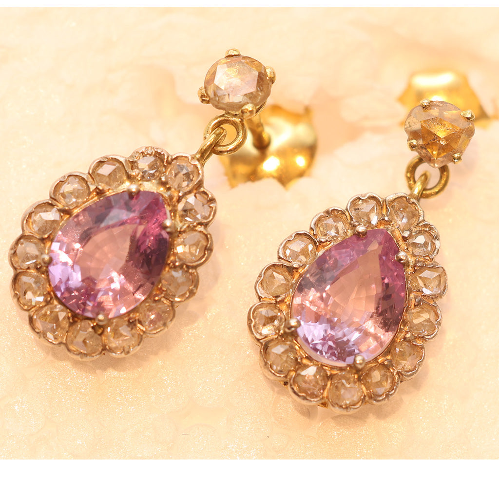 white ground Antique Earrings ear pendants gold pink sapphires diamonds French dangles(7526)