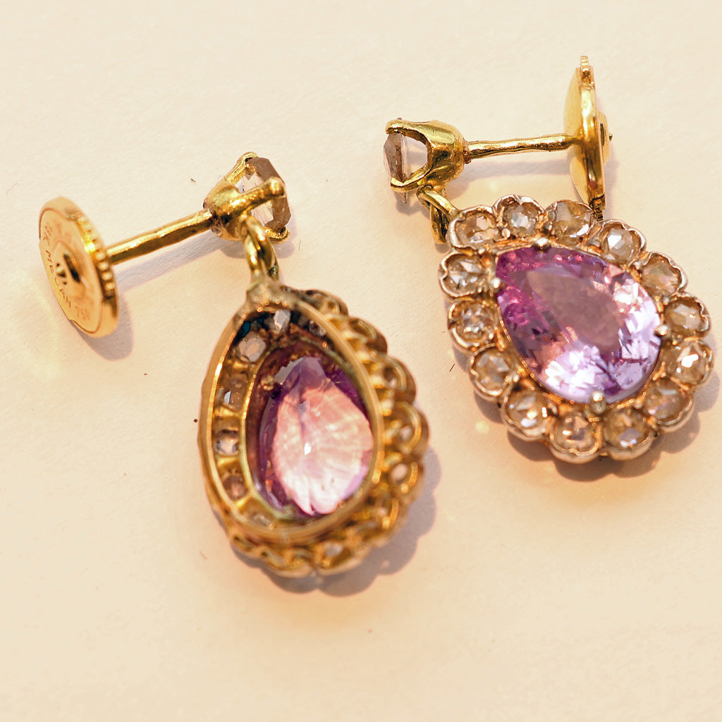 Antique Earrings ear pendants gold pink sapphires diamonds French dangles(7526)