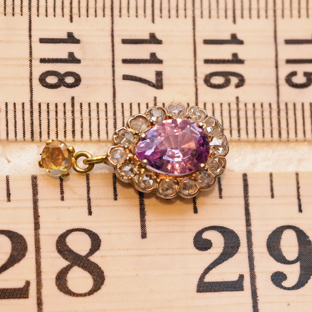 showing size of Antique Earrings ear pendants gold pink sapphires diamonds French dangles(7526)