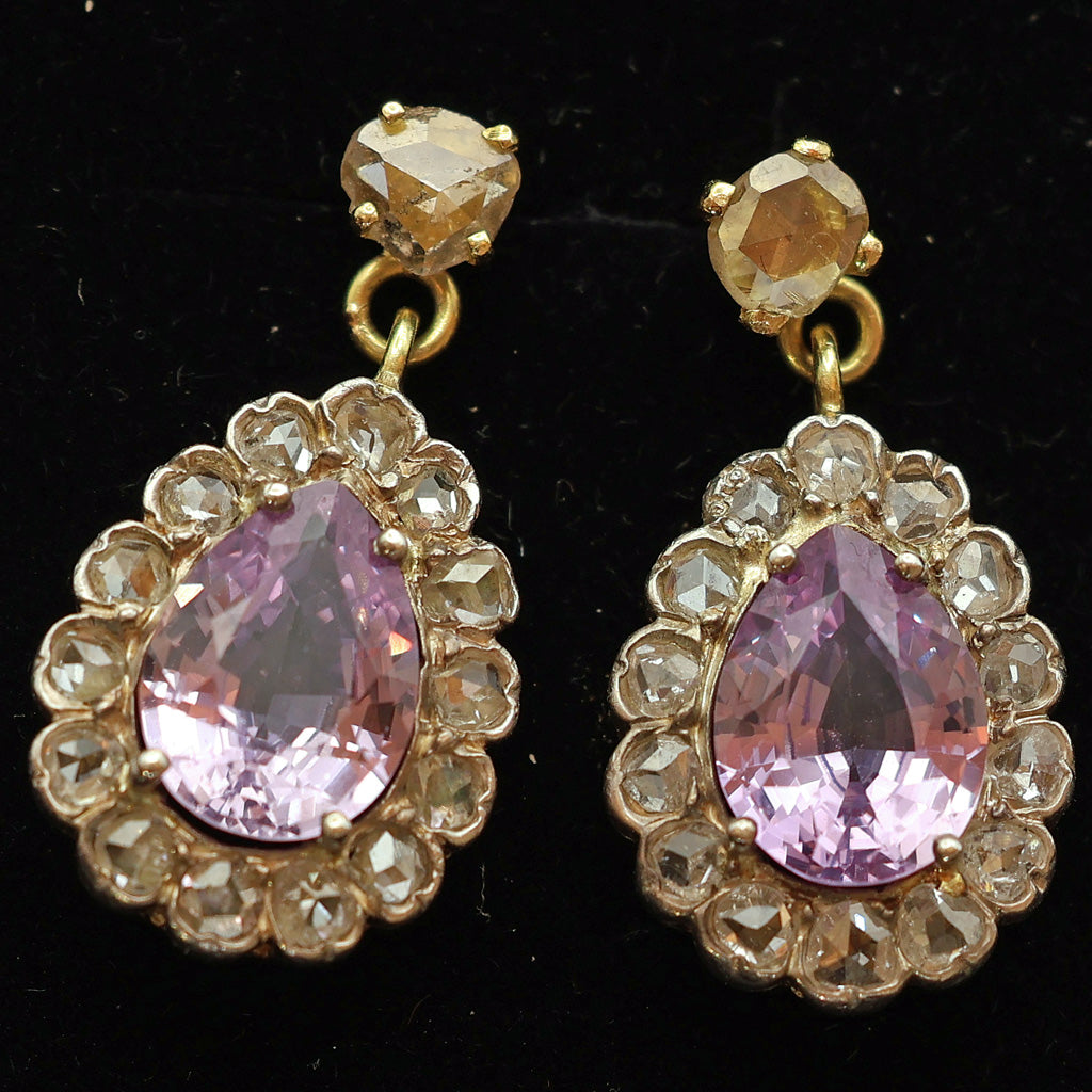 Antique Earrings ear pendants gold pink sapphires diamonds French dangles(7526)