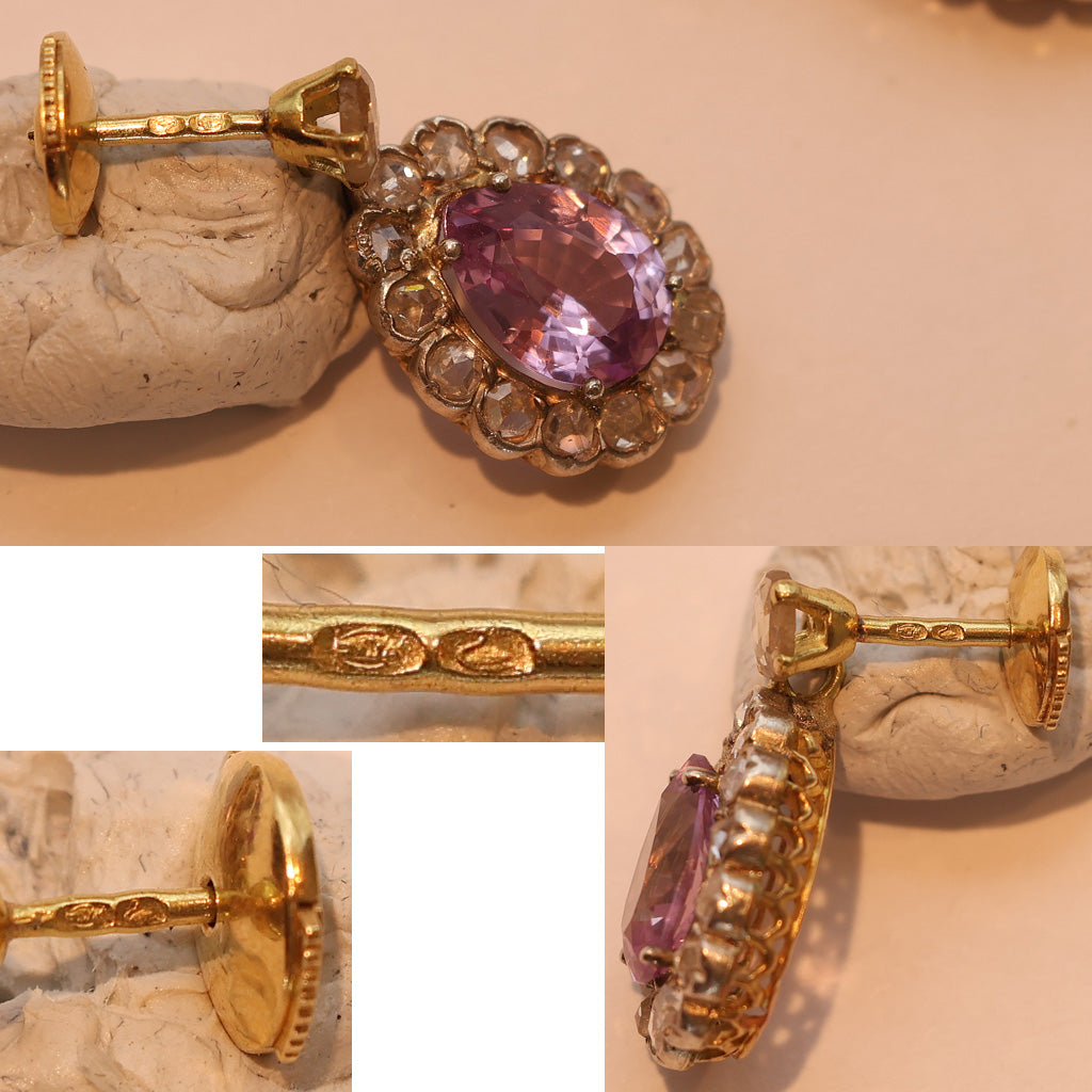 Antique Earrings ear pendants gold pink sapphires diamonds French dangles(7526)