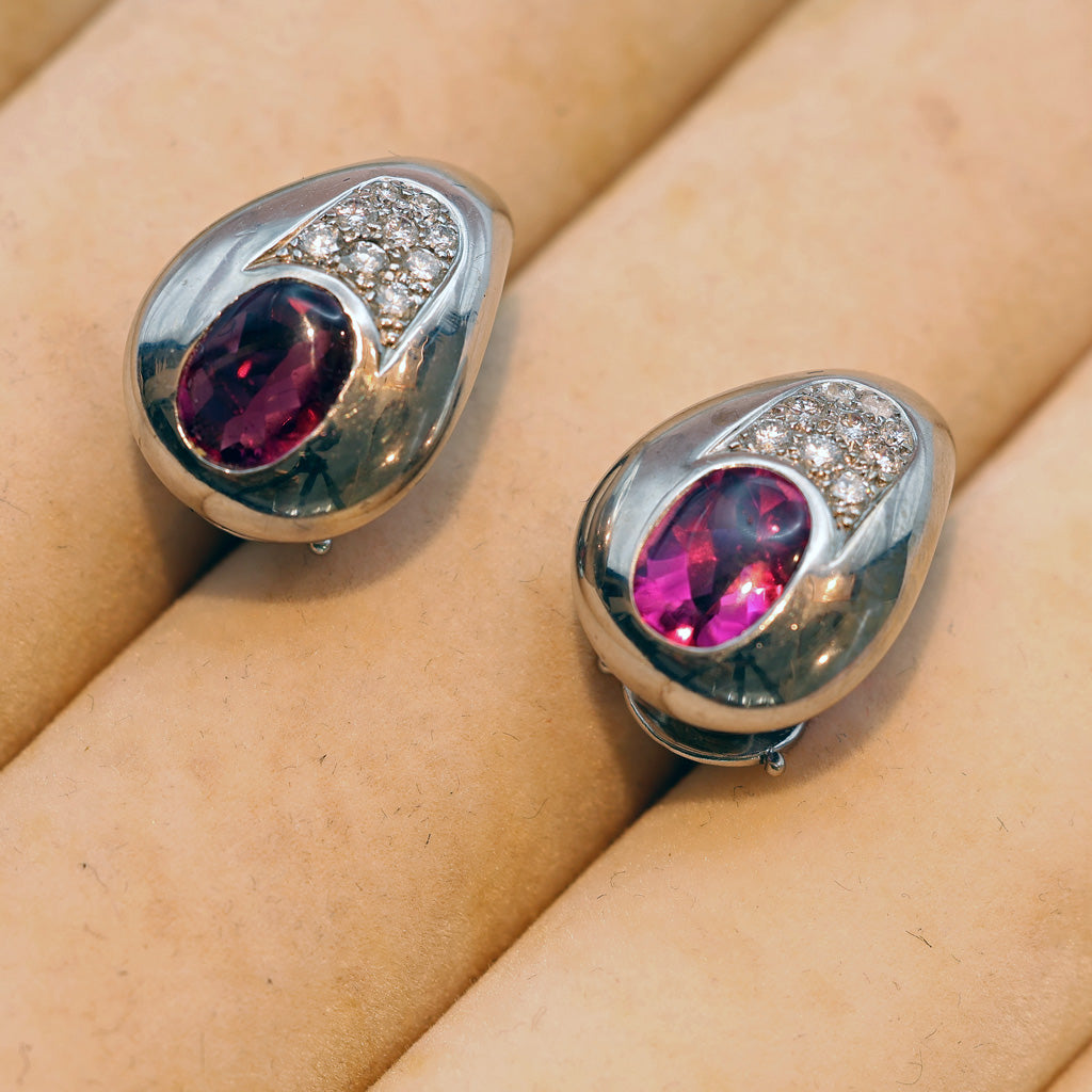 Mauboussin Paris vintage earrings 18k white gold pink tourmaline diamonds light ground