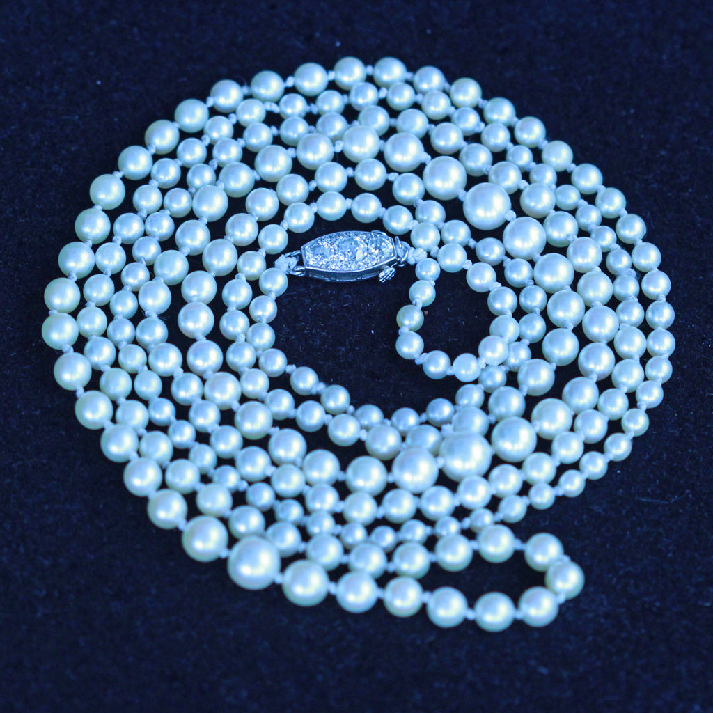 RAYMOND YARD Art Deco pearl necklace diamonds platinum opera length triple (7430)