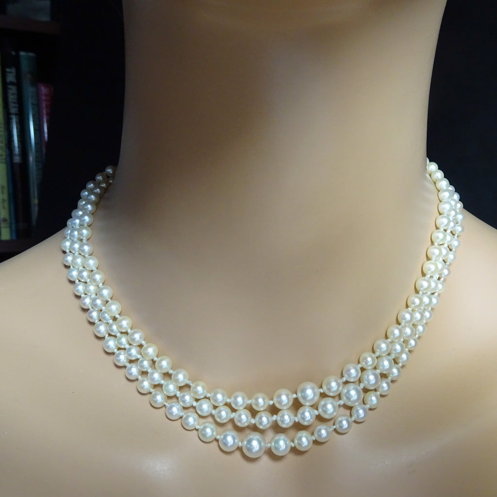 RAYMOND YARD Art Deco pearl necklace diamonds platinum opera length triple (7430)