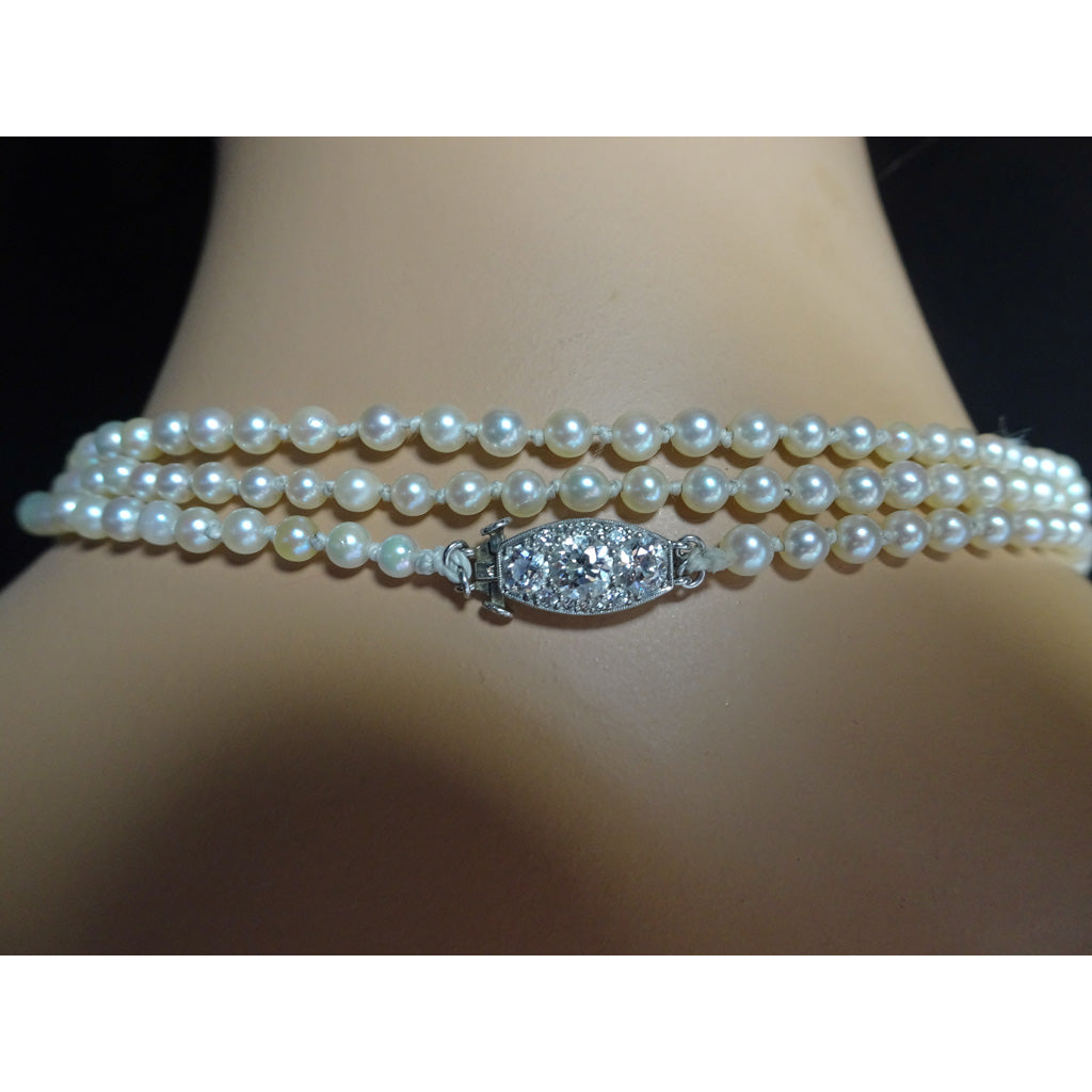 RAYMOND YARD Art Deco pearl necklace diamonds platinum opera length triple (7430)