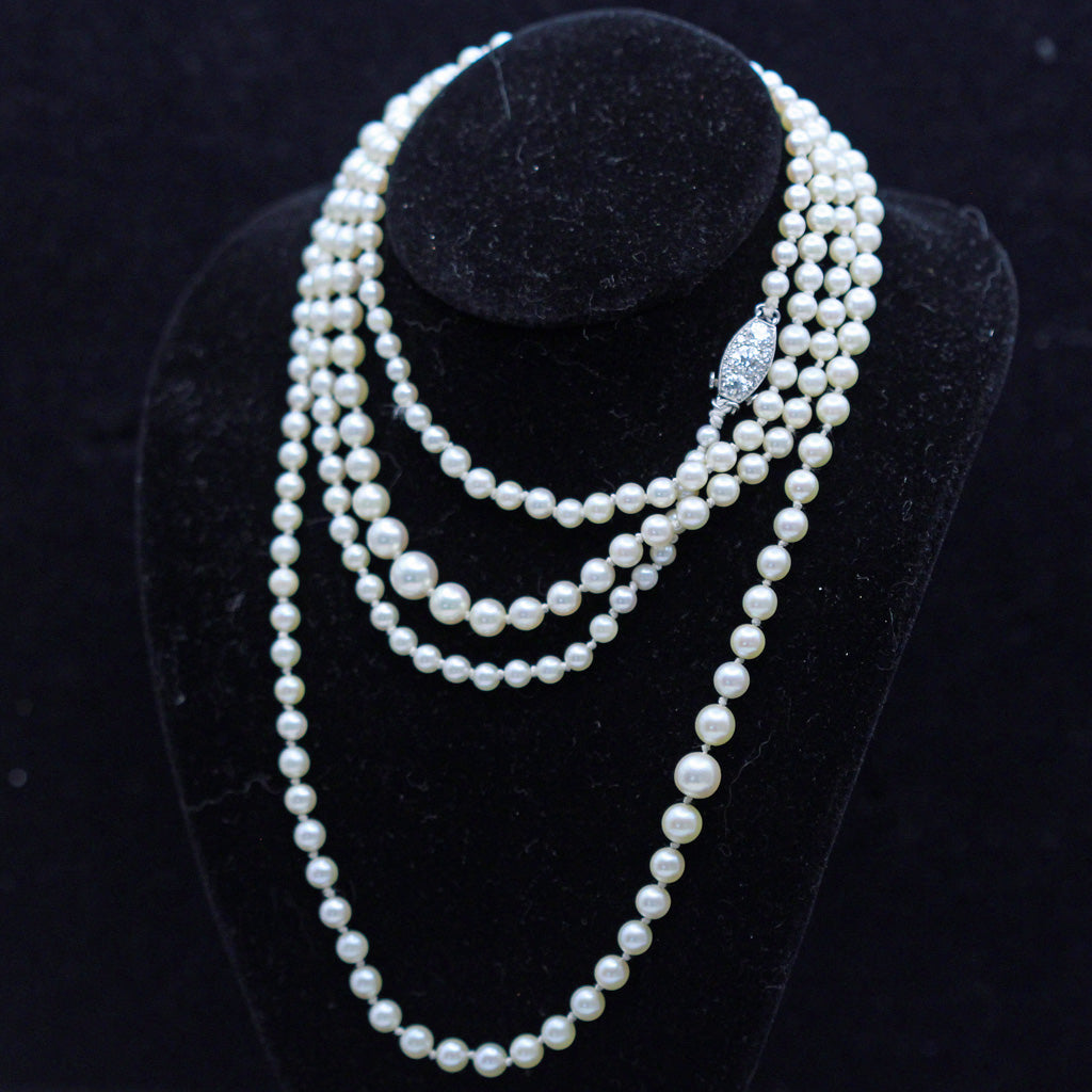 RAYMOND YARD Art Deco pearl necklace diamonds platinum opera length triple (7430)