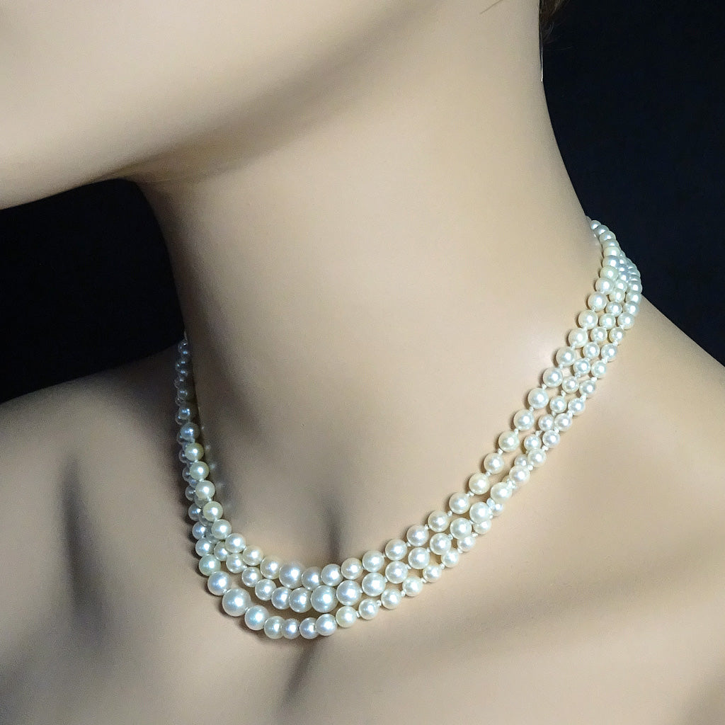 RAYMOND YARD Art Deco pearl necklace diamonds platinum opera length triple (7430)