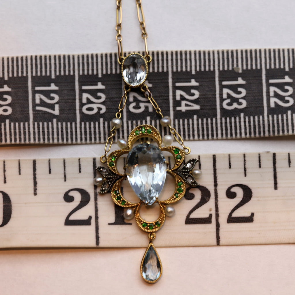 Antique Edwardian Pendant Necklace gold aquamarine demantoid garnet pearl (7448)