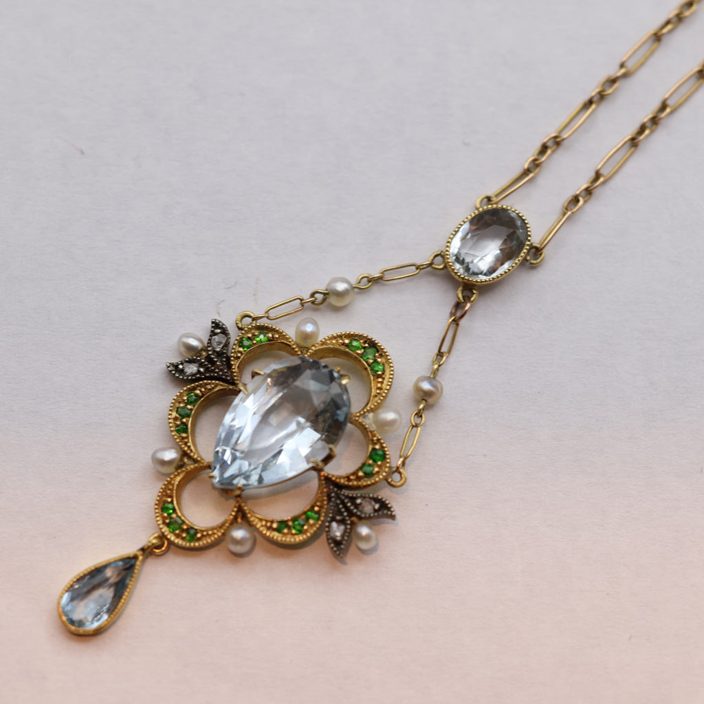 Antique Edwardian Pendant Necklace gold aquamarine demantoid garnet pearl (7448)