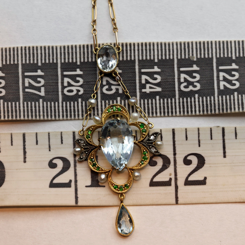 Antique Edwardian Pendant Necklace gold aquamarine demantoid garnet pearl (7448)