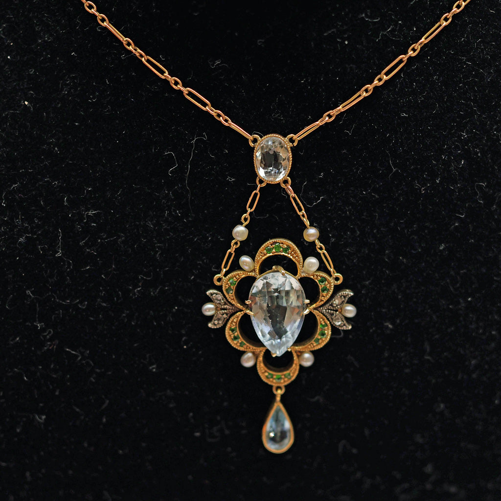 Antique Edwardian Pendant Necklace gold aquamarine demantoid garnet pearl (7448)