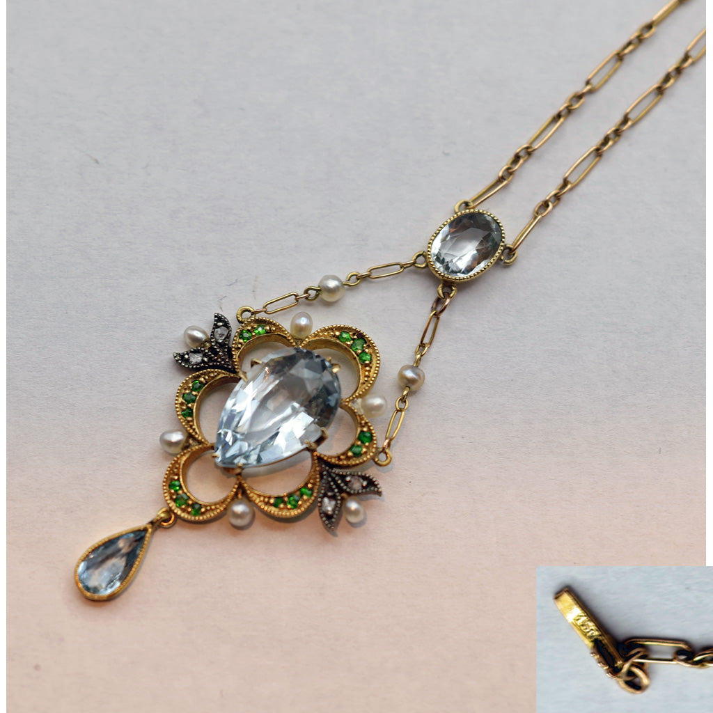 Antique Edwardian Pendant Necklace gold aquamarine demantoid garnet pearl (7448)