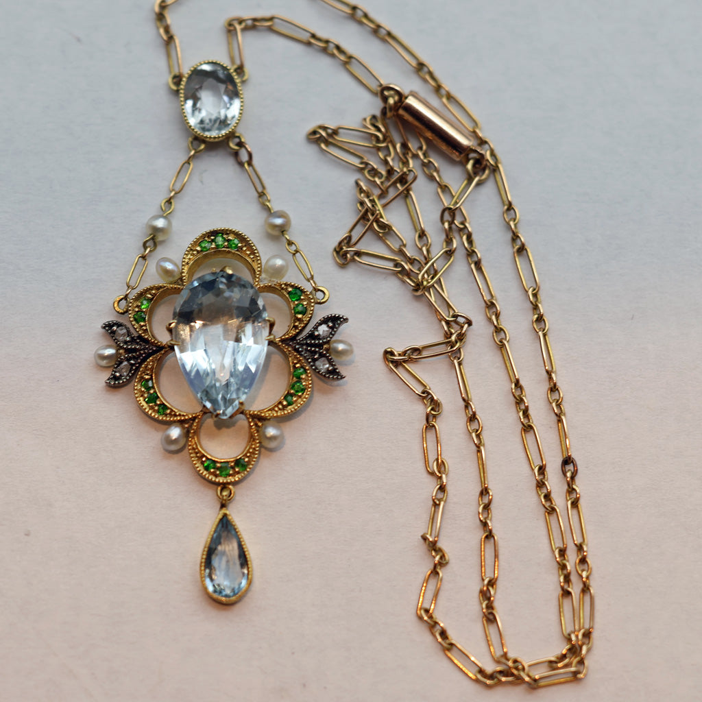 Antique Edwardian Pendant Necklace gold aquamarine demantoid garnet pearl (7448)