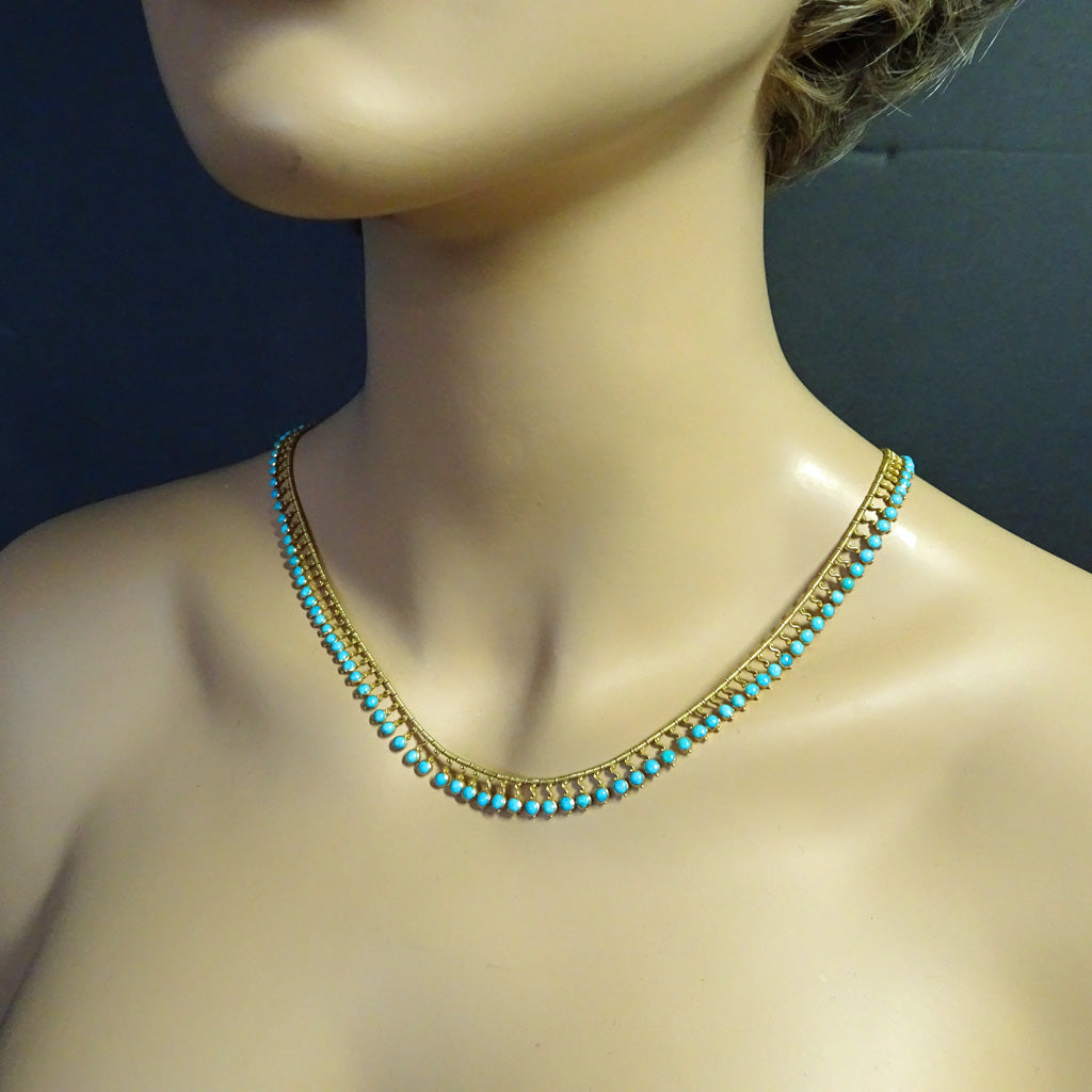 Antique Etruscan Revival Victorian fringe necklace gold turquoise English (7450)