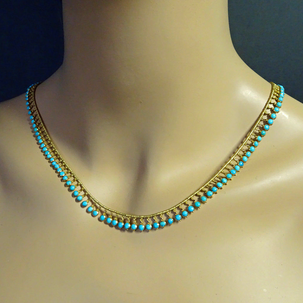 Antique Etruscan Revival Victorian fringe necklace gold turquoise English (7450)