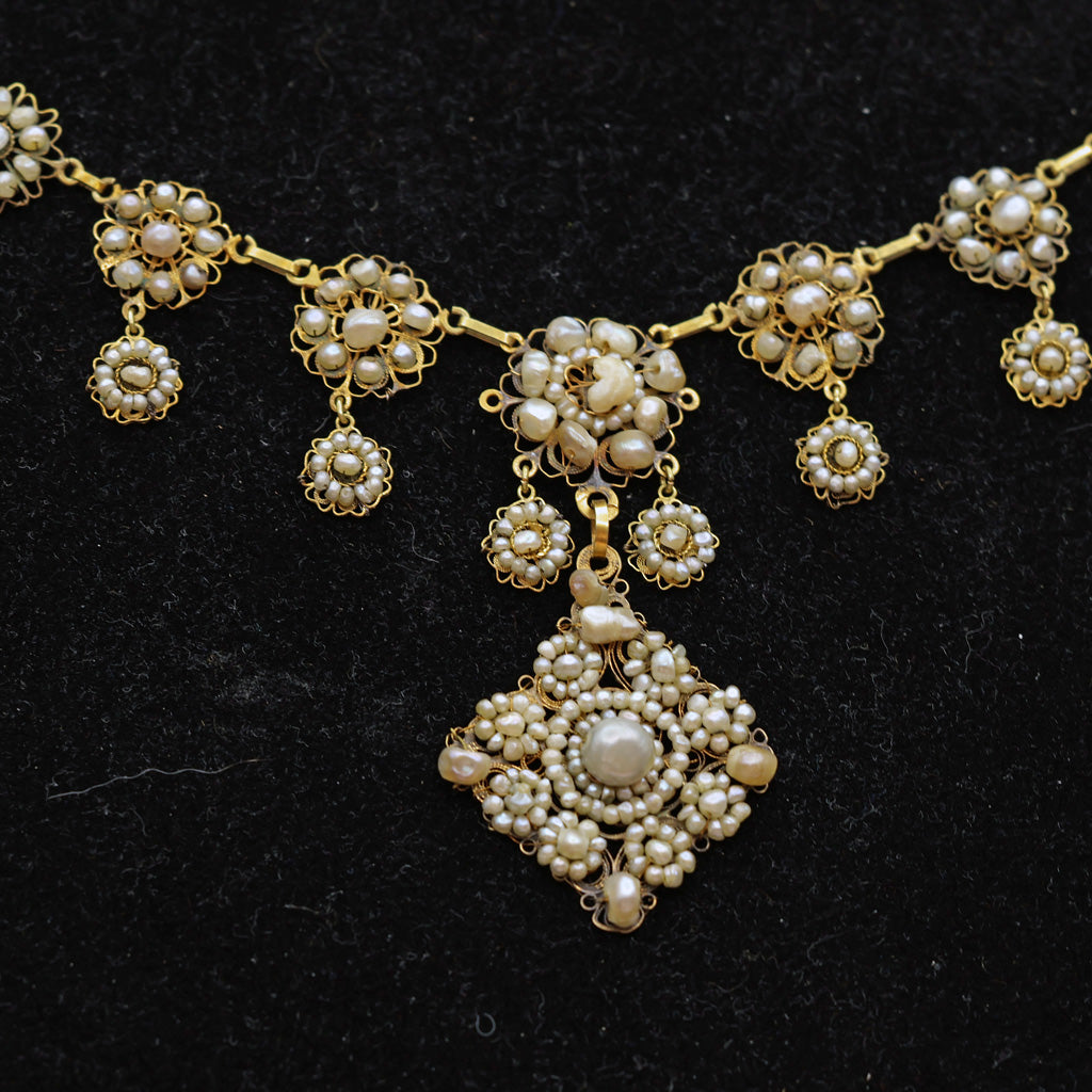 Antique Georgian necklace gold pearls filigree Bride Wedding jewelry Spain (7455)