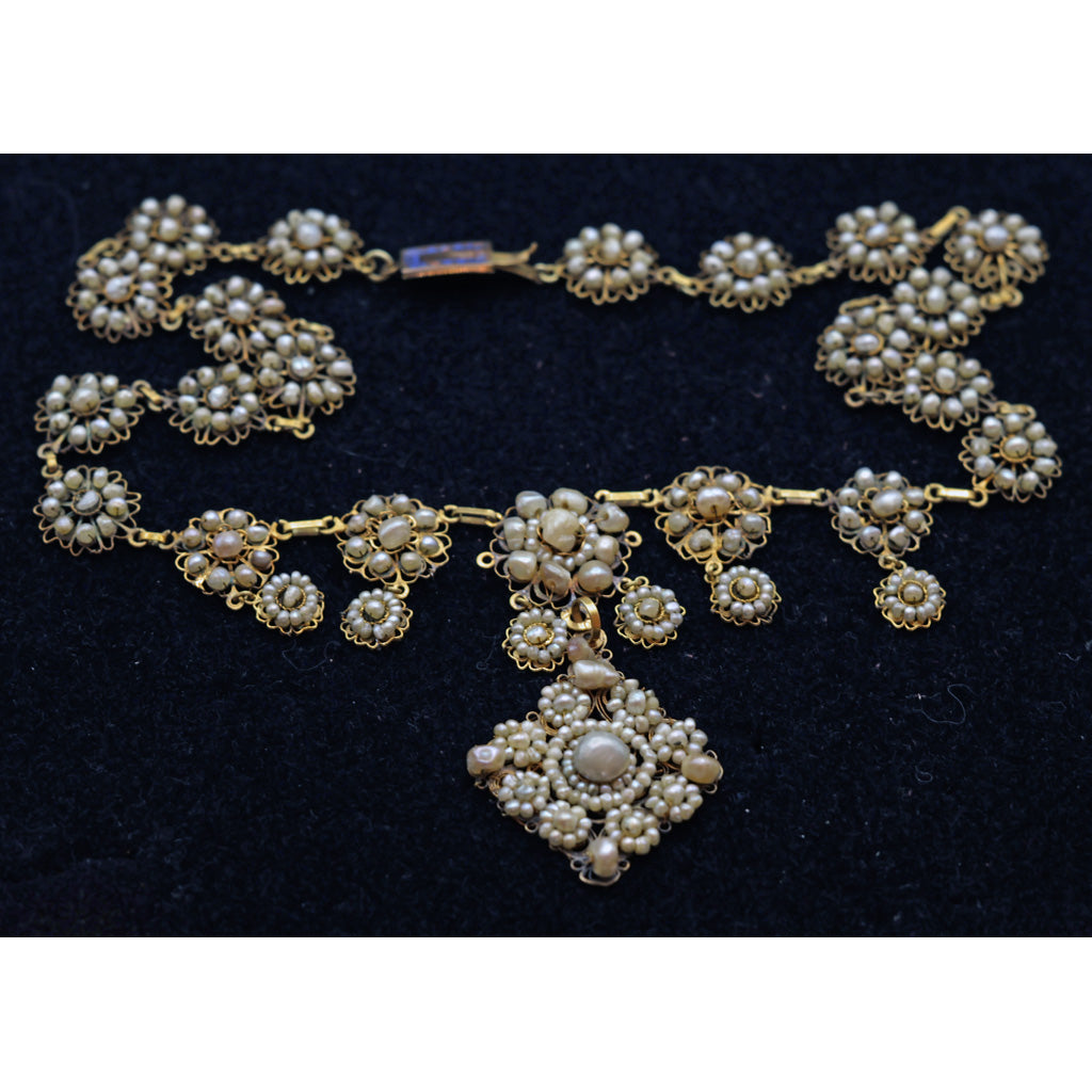 Antique Georgian necklace gold pearls filigree Bride Wedding jewelry Spain (7455)