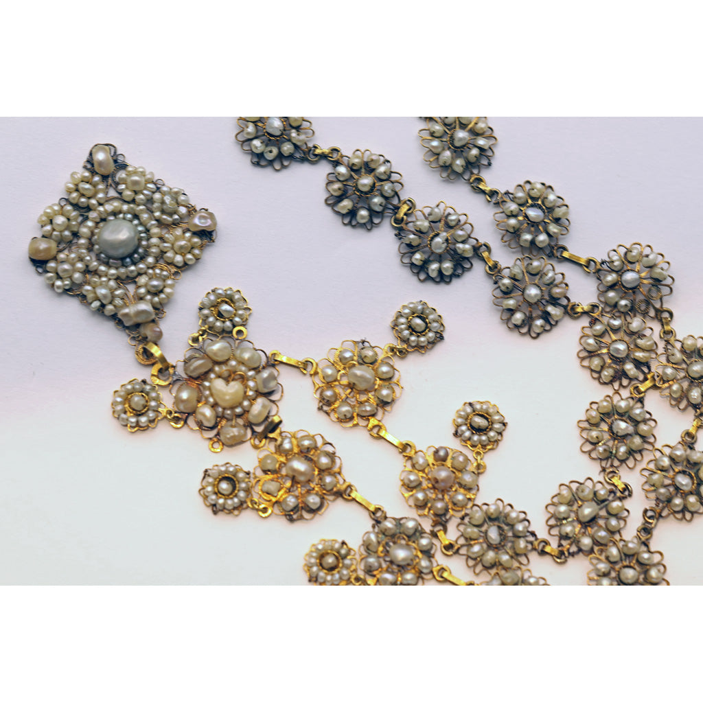 Antique Georgian necklace gold pearls filigree Bride Wedding jewelry Spain (7455)