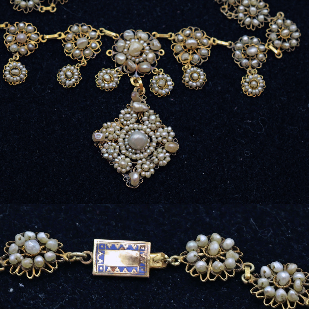 Antique Georgian necklace gold pearls filigree Bride Wedding jewelry Spain (7455)