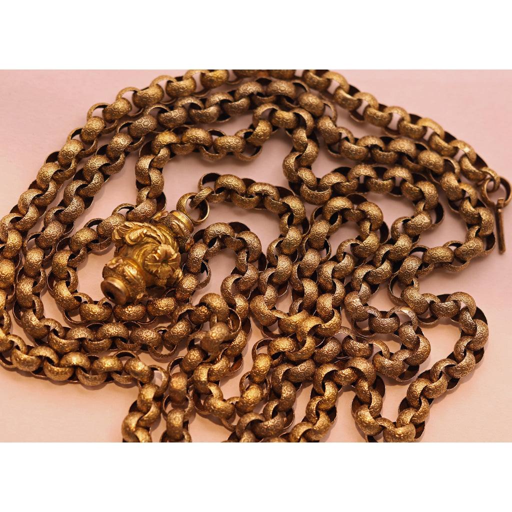 Antique Georgian Muff Chain long necklace 18k gold 46inch long guard chain on white background